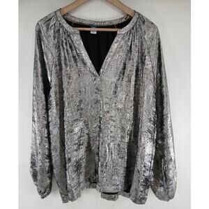 Old Navy Silver Metallic V-Neck Long Sleeve Shiny Blouse Top Sz XXL Long Sleeve